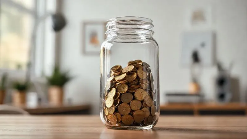 A photorealistic image of a transparent glass jar slowly filling up with golden coins, representing a growing emergency fund. The background is a minimalist home office. Cinematic lighting, sharp focus, 8K hyper-detailed.