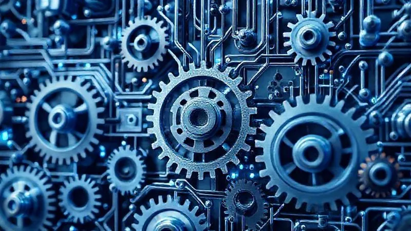 A photorealistic image of a complex but organized network of gears and digital circuits interconnected, symbolizing efficient process automation for a freelancer. The gears are turning smoothly, and data flows seamlessly. 8K, cinematic lighting, sharp focus.