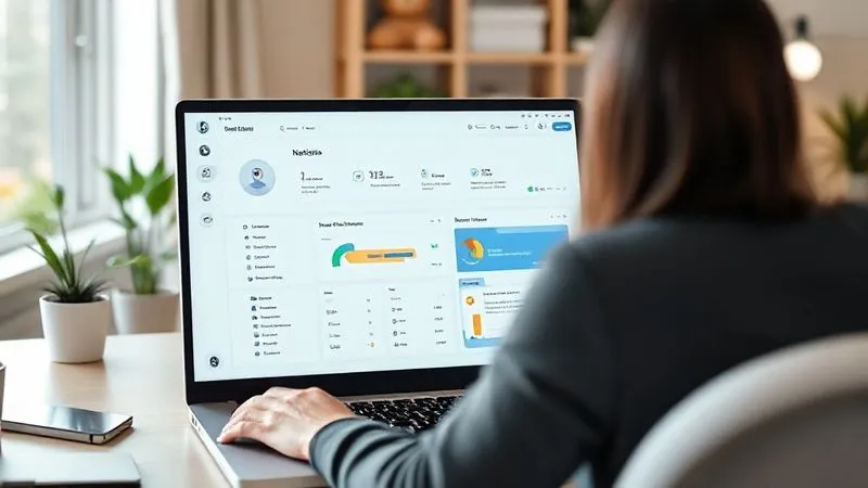A photorealistic image of a minimalist Notion dashboard on a laptop screen, showing only essential widgets and databases, clean layout, calm colors. In the background, a person is working peacefully in a well-organized home office. Cinematic lighting, sharp focus on the screen, 8K hyper-detailed, professional photography, shot on a high-end DSLR.
