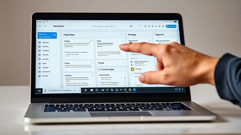 A photorealistic image of a highly organized Notion template on a laptop screen, showing clear sections for tasks, notes, and project details, with a clean and functional design. A hand is pointing to a specific feature on the screen. Cinematic lighting, sharp focus on the template, 8K hyper-detailed, professional photography, shot on a high-end DSLR.