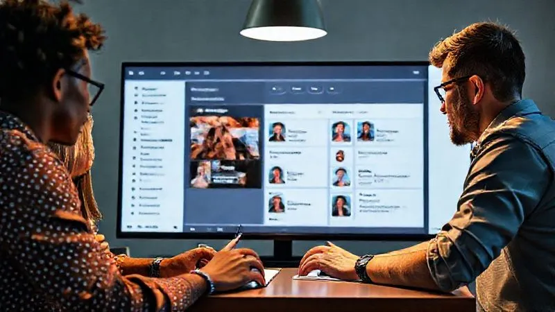 A photorealistic image of a diverse team of freelancers collaborating efficiently on a shared Notion workspace, with different individuals focused on their specific tasks within the platform. The screen shows clear permissions settings. Cinematic lighting, sharp focus on the collaborative elements, 8K hyper-detailed, professional photography, shot on a high-end DSLR.