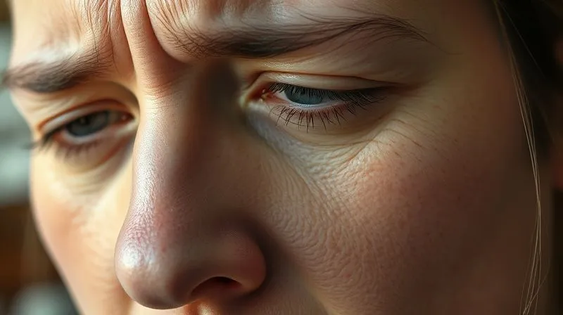 A photorealistic close-up of a person's face, showing subtle signs of stress and fatigue, perhaps with tired eyes and a furrowed brow, but also a glimmer of self-awareness and contemplation. Soft, natural lighting. 8K hyper-detailed, professional photography, shot on a high-end DSLR.