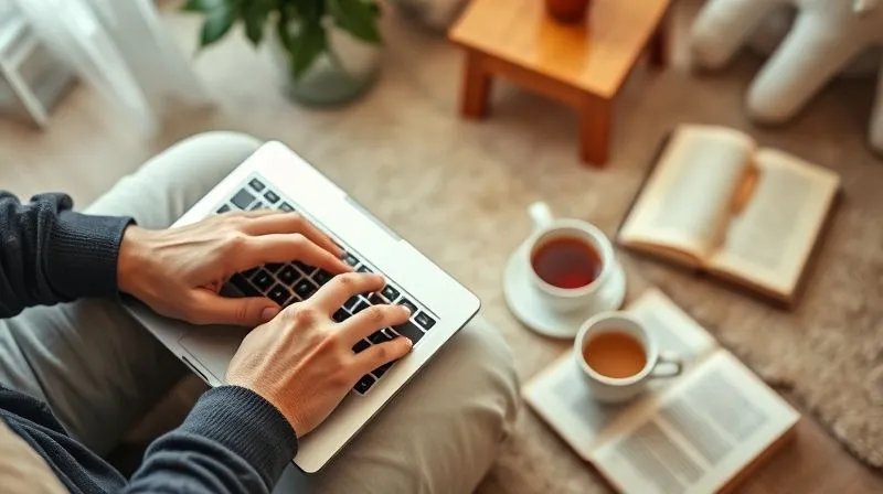 A photorealistic overhead shot of a person's hands gently closing a laptop, with soft, diffused light, and a blurred background suggesting a cozy living room. A warm cup of tea and a book are visible nearby, symbolizing the transition from work to relaxation. 8K hyper-detailed, professional photography, shot on a high-end DSLR.