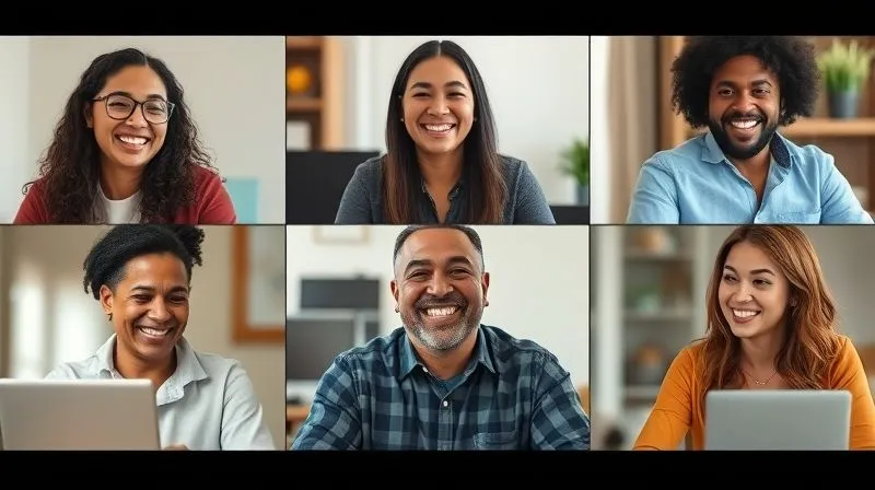 A photorealistic image of a diverse group of freelancers smiling and interacting warmly on a video call, each in their own home office setting, but clearly connected and engaged. The mood is collaborative and supportive, with good lighting and sharp focus on their faces. 8K hyper-detailed, professional photography, shot on a high-end DSLR.