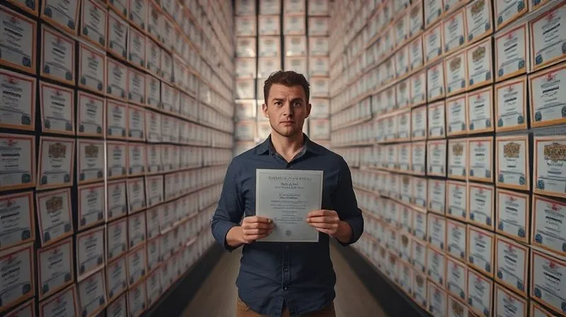 A photorealistic image of a confused freelancer standing in front of a giant wall covered with hundreds of identical, generic online course certificates, all looking flimsy and uninspiring. The freelancer has a frustrated expression, holding a single, very thin certificate, while a path towards a single, brightly glowing, substantial certificate is visible in the distance, cinematic lighting, 8K, sharp focus, depth of field, professional photography, shot on a high-end DSLR.