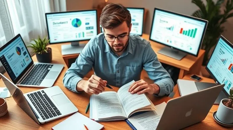 A photorealistic image of a freelancer sitting at a desk, surrounded by open laptops and notebooks, meticulously comparing different online course brochures and reviews. A magnifying glass is held over a detailed curriculum, with charts and graphs visible on screens, symbolizing deep research and comparison. The atmosphere is focused and analytical, with soft, ambient lighting, 8K, sharp focus, depth of field, professional photography, shot on a high-end DSLR.