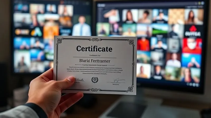 A photorealistic image of a freelancer's hand holding a glowing, professional certificate, but in the background, a vibrant and diverse digital portfolio is prominently displayed on a screen, filled with impressive projects and client testimonials. The focus is split, emphasizing that the certificate is secondary to the tangible work. Cinematic lighting, 8K, sharp focus, depth of field, professional photography, shot on a high-end DSLR.