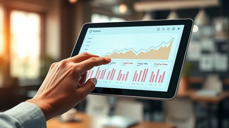 A photorealistic image of a freelancer's hand using a digital tablet to track various metrics on a dashboard, with graphs showing upward trends in "Client Acquisition," "Project Value," and "Hourly Rate." The background is a blurred, dynamic office setting, symbolizing growth and success. Cinematic lighting, 8K, sharp focus, depth of field, professional photography, shot on a high-end DSLR.