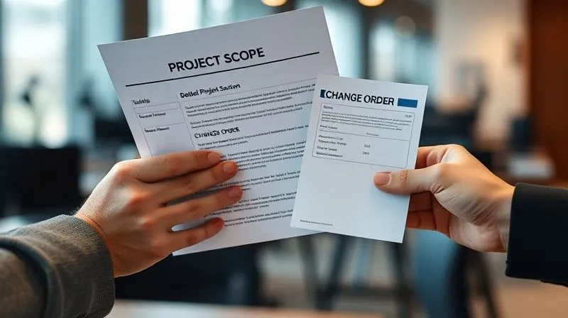 A photorealistic image of two hands, one holding a detailed project scope document with a red 'X' marked on a section, and the other hand presenting a new, smaller document labeled 'Change Order' with a clear price tag. The background is a blurred office setting. Cinematic lighting, sharp focus on the documents and hands, depth of field, 8K hyper-detailed, shot on a high-end DSLR.