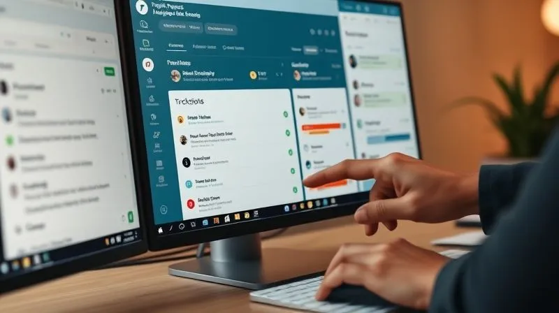 A photorealistic image displaying a desktop screen with multiple project management software interfaces open (e.g., Asana, Trello, ClickUp), each showing clear, segmented tasks and progress bars. A hand is interacting with a mouse, pointing to a 'scope definition' section. The overall impression is organized and controlled. Cinematic lighting, sharp focus on the screen, depth of field blurring the desk, 8K hyper-detailed, shot on a high-end DSLR.