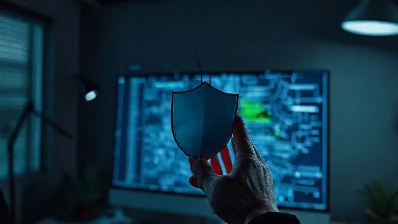 A photorealistic image of a web designer's hand firmly holding a protective shield in front of a complex, evolving web design blueprint, preventing chaotic, shadowy tendrils (representing scope creep) from reaching it. The background is a dimly lit, modern design studio with a computer screen showing code. Cinematic lighting, sharp focus on the shield and blueprint, depth of field blurring the background, 8K hyper-detailed, professional photography, shot on a high-end DSLR.