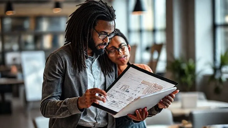 A photorealistic image of two diverse professionals, a web designer and a client, collaboratively reviewing a detailed digital project plan on a tablet, with clear, open communication indicated by their attentive postures and gestures. The setting is a bright, modern office. Professional photography, 8K, cinematic lighting, sharp focus on their interaction, depth of field blurring the background, shot on a high-end DSLR.