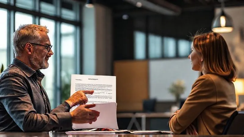 A photorealistic image of a web designer confidently but empathetically negotiating with a client, pointing to a section of a digital contract on a large screen. The client looks thoughtful but understanding. The scene is set in a modern, well-lit office, emphasizing professionalism and clear communication. Professional photography, 8K, cinematic lighting, sharp focus on the interaction, depth of field blurring the background, shot on a high-end DSLR.