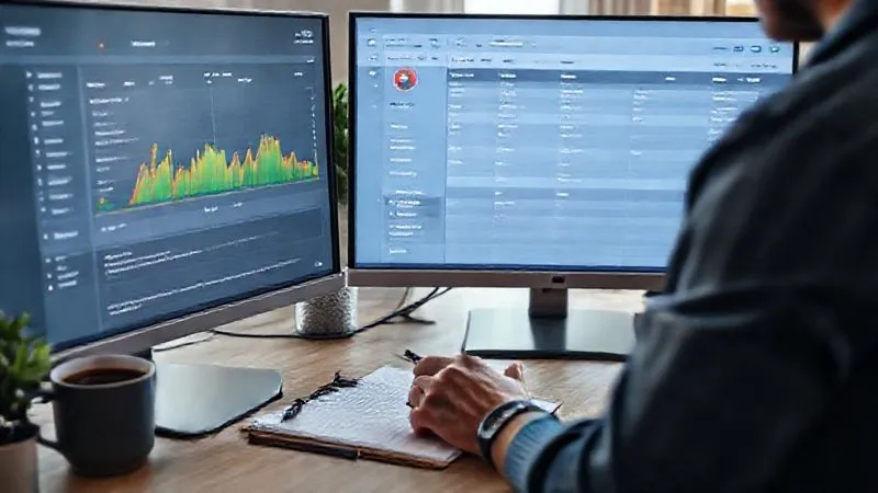 A photorealistic image of a web designer meticulously reviewing a project timeline and task list on a large monitor, with a notepad and pen beside a cup of coffee. The screen shows clear progress bars and documented changes, symbolizing continuous monitoring. The setting is a clean, organized home office. Professional photography, 8K, cinematic lighting, sharp focus on the screen and hands, depth of field blurring the background, shot on a high-end DSLR.