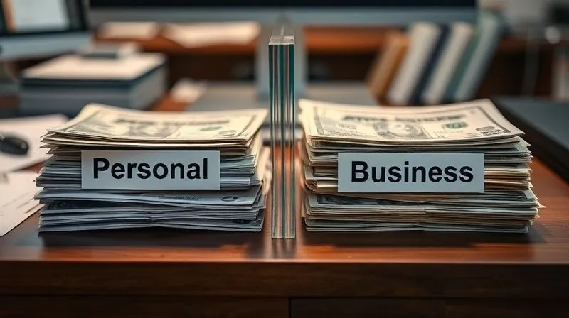 A photorealistic image of two distinct piles of money and documents on a desk, one clearly labeled 'Personal' and the other 'Business', separated by a transparent barrier. Cinematic lighting highlights the organized separation, with sharp focus on the labels and depth of field blurring the background. 8K hyper-detailed, shot on a high-end DSLR.