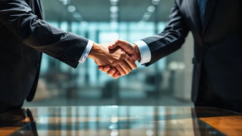 A photorealistic image of two business professionals shaking hands over a table with a clear, transparent glass surface, symbolizing mutual understanding and clear expectations. Cinematic lighting, sharp focus on the handshake, depth of field blurring the background, 8K hyper-detailed, shot on a high-end DSLR.