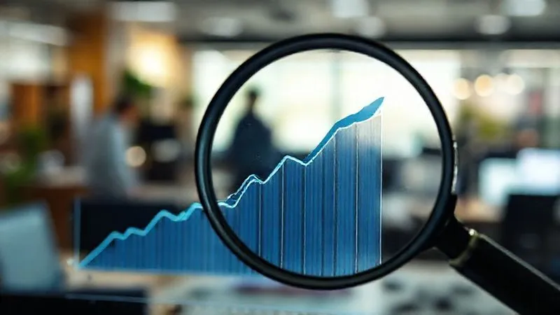 A photorealistic image of a growth chart with an upward trend, overlaid with a magnifying glass meticulously examining conversion rate data points. The background is a blurred, bustling office environment. Cinematic lighting, sharp focus on the chart and magnifying glass, depth of field blurring the background, 8K hyper-detailed, shot on a high-end DSLR.