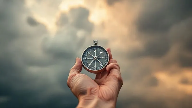 A photorealistic image of a calm hand holding a compass, pointing towards a clear, stable path, while in the blurred background, stormy clouds and chaotic elements symbolize potential issues. Cinematic lighting, sharp focus on the compass and hand, depth of field blurring the background, 8K hyper-detailed, shot on a high-end DSLR.