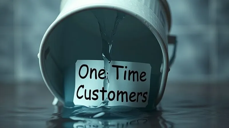 A photorealistic image of a leaky bucket with water pouring out, representing customer churn. The bucket is labeled 'One-Time Customers'. Cinematic lighting, sharp focus on the leaks, depth of field, 8K hyper-detailed, professional photography, shot on a high-end DSLR. The mood is slightly melancholic but suggests a solvable problem.