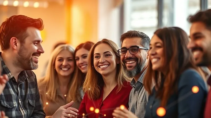 A photorealistic image of a diverse group of people happily interacting in a vibrant online community forum, represented by glowing lines connecting them. Professional photography, 8K, cinematic lighting, sharp focus on the faces, depth of field blurring the background. The mood is collaborative and engaging.