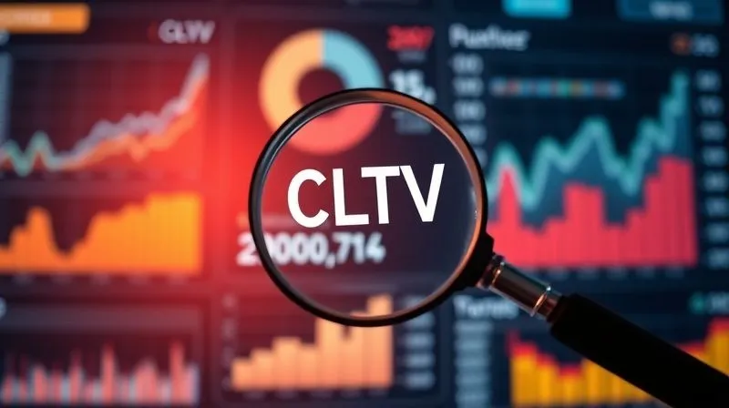 A photorealistic image of a sophisticated data dashboard displaying various customer metrics like CLTV, churn rate, and repurchase rate, with glowing graphs and numbers. A magnifying glass hovers over a key metric, indicating analysis. Professional photography, 8K, cinematic lighting, sharp focus on the data, depth of field blurring the background. The mood is analytical and insightful.