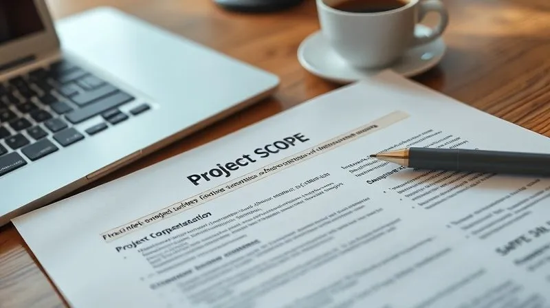 A photorealistic close-up of a meticulously detailed project scope document, with key sections highlighted and a pen pointing to a specific clause. The document is on a wooden desk, surrounded by a laptop and a cup of coffee. Cinematic lighting, sharp focus on the document, depth of field blurring the background. 8K hyper-detailed, professional photography.