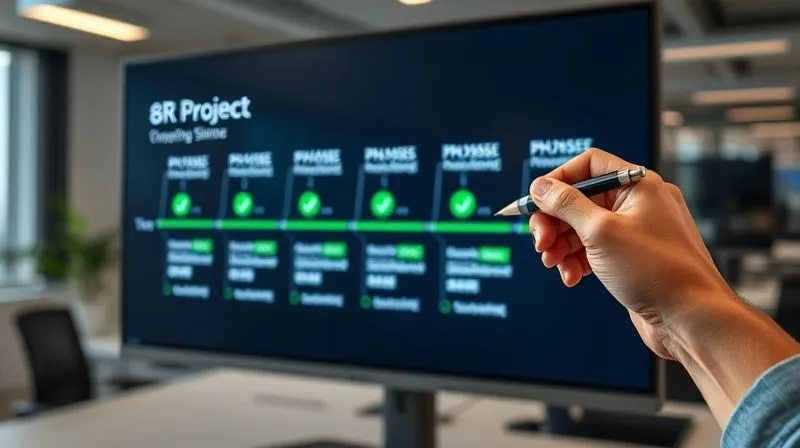 A photorealistic image of a project timeline displayed on a large monitor, clearly segmented into distinct phases with milestones. Each phase has a green checkmark indicating completion. In the foreground, a person's hand is highlighting a specific completed phase with a pen. Cinematic lighting, sharp focus on the monitor, depth of field blurring the office background. 8K hyper-detailed, professional photography.