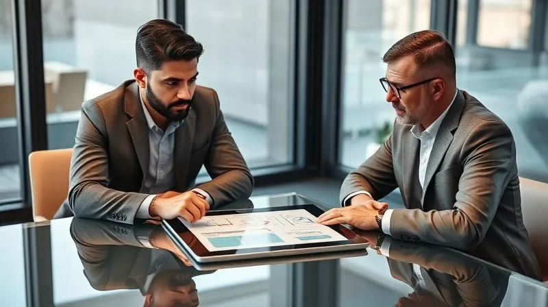 A photorealistic image of two professionals (a freelancer and a client) engaged in a serious but calm negotiation, sitting at a modern conference table. They are looking at a tablet displaying a project plan, with a clear boundary line. Their body language is open but firm. Cinematic lighting, sharp focus on their faces and the tablet, depth of field blurring the background. 8K hyper-detailed, professional photography, conveying respectful assertiveness.