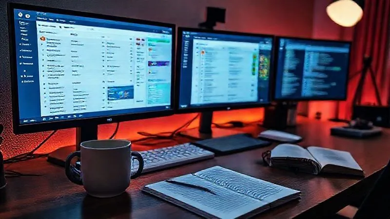 A photorealistic, professional photography, 8K, cinematic lighting image of a freelancer's desk with multiple screens displaying project management software (like Asana or ClickUp), highlighting task lists and scope definitions. A coffee cup and a neatly organized notebook are also visible, conveying efficiency and control. Sharp focus on the screens and desk items. Shot on a high-end DSLR.