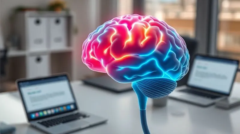 Photorealistic, professional photography, 8K, cinematic lighting, sharp focus, depth of field, shot on a high-end DSLR. A stylized, glowing human brain with specific regions subtly highlighted in different colors, representing 'pain', 'pleasure', and 'urgency' responses. The background is a clean, modern office desk with a laptop displaying a headline, suggesting the connection between psychology and copywriting.