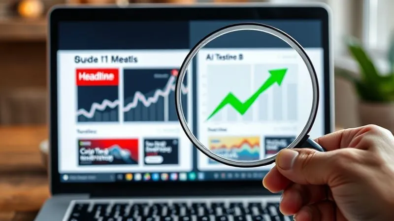 Photorealistic, professional photography, 8K, cinematic lighting, sharp focus, depth of field, shot on a high-end DSLR. A split-screen showing two different headlines on a laptop monitor. On one side (Headline A), a red 'X' and a downward trend graph. On the other side (Headline B), a green checkmark and a vibrant upward trend graph, symbolizing successful A/B testing results. A hand holds a magnifying glass over the screen, emphasizing analysis.