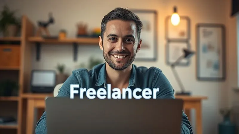 Photorealistic, professional photography, 8K, cinematic lighting, sharp focus, depth of field, shot on a high-end DSLR. A confident, smiling freelancer looking directly at the camera, with a subtly blurred background of a modern, organized home office. The lighting is warm and inviting, conveying professionalism and approachability. A laptop screen in the foreground displays a compelling, well-crafted headline, symbolizing the freelancer's skill and authenticity.