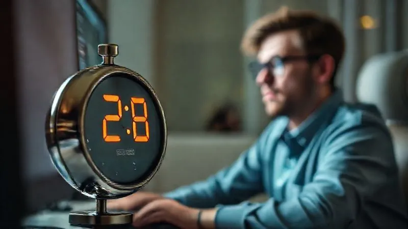 A photorealistic, professional photography, 8K, cinematic lighting, sharp focus, depth of field, shot on a high-end DSLR, showing a digital clock rapidly counting up seconds, with a frustrated user in the background looking away from a blurry computer screen, conveying the negative impact of slow websites.