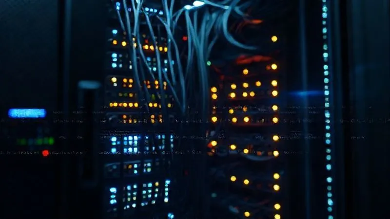A photorealistic, professional photography, 8K, cinematic lighting, sharp focus, depth of field, shot on a high-end DSLR, depicting a server rack with glowing lights and complex network cables, with lines of minified code subtly overlaid, symbolizing efficient and optimized backend operations.