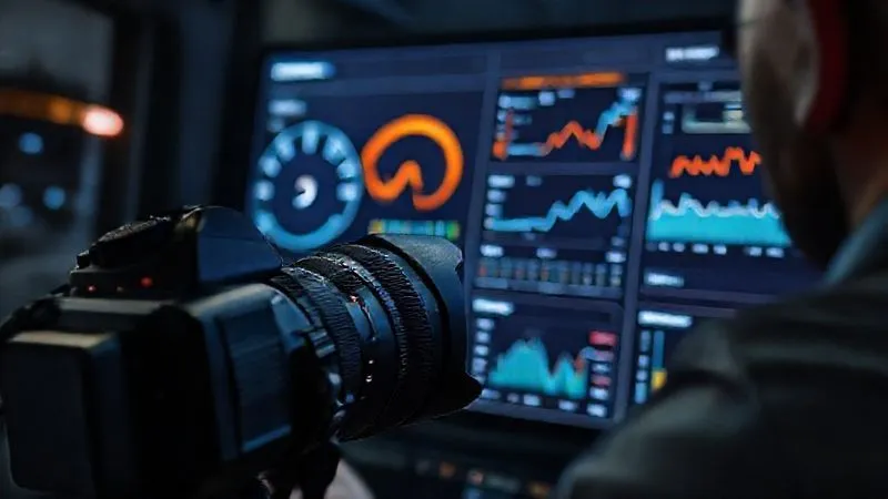 A photorealistic, professional photography, 8K, cinematic lighting, sharp focus, depth of field, shot on a high-end DSLR, showing a digital dashboard with various performance metrics (speed, uptime, CPU usage) being monitored by a focused professional, conveying vigilance and proactive management.