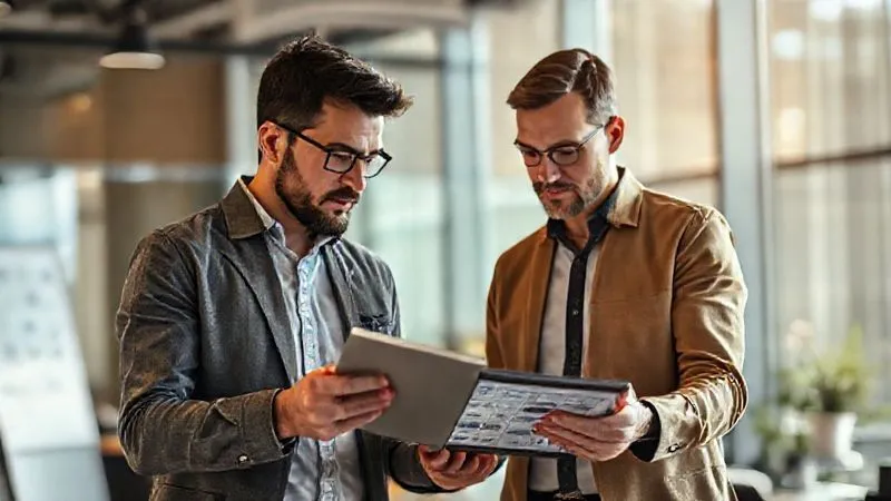A photorealistic image of a professional graphic designer having an intense, focused conversation with a client, both looking at a digital mood board on a tablet. The designer is actively taking notes, showing deep engagement and understanding. Cinematic lighting, sharp focus on their faces and the tablet, depth of field blurring the background of a modern office. 8K, professional photography, shot on a high-end DSLR.