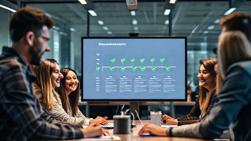 A photorealistic image of a diverse team of designers collaborating efficiently around a large screen displaying a project timeline with green checkmarks indicating completed stages, symbolizing successful project management and reduced rework. They are smiling and engaged, reflecting high morale and productivity. Cinematic lighting, sharp focus on the team and screen, depth of field blurring the modern office background. 8K, professional photography, shot on a high-end DSLR.