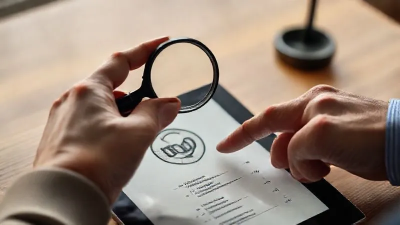 Photorealistic, professional photography, 8K, cinematic lighting, sharp focus, depth of field, shot on a high-end DSLR. A hand gently guiding a magnifying glass over a detailed wireframe or concept sketch of a logo, while the other hand points to a clear, concise bullet-point list on a tablet. This represents guiding client feedback and managing expectations effectively.