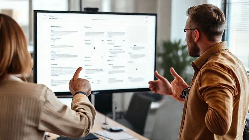 A photorealistic image of a web designer pointing at a detailed, interactive wireframe on a large monitor, with a client nodding in agreement beside them. The wireframe shows a clean, structured layout with placeholder content. Cinematic lighting, sharp focus on the screen and the hands, depth of field blurring the office background, 8K hyper-detailed, shot on a high-end DSLR.