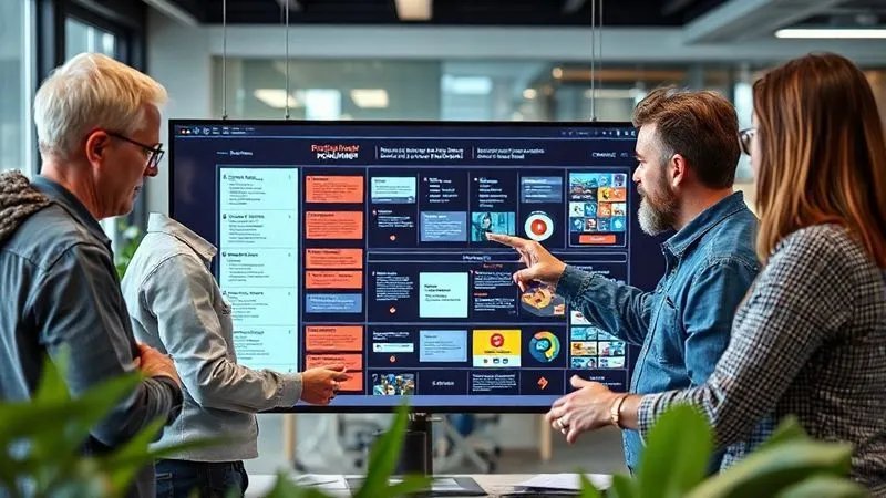 A photorealistic image of a diverse team of web designers and a client collaborating around a large interactive screen displaying a project roadmap and design mockups. They are actively discussing and pointing at specific elements, fostering open communication. Cinematic lighting, sharp focus on the team and screen, depth of field blurring the modern office background, 8K hyper-detailed, shot on a high-end DSLR.