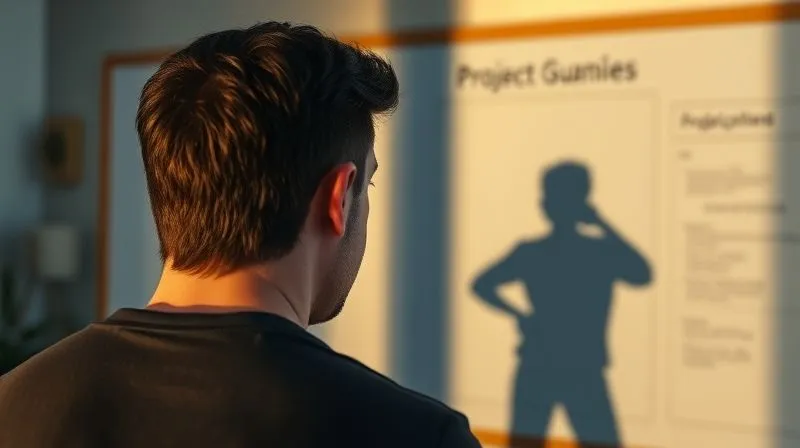 A photorealistic image of a frustrated freelancer looking at an empty project board, with a shadow of a confident, successful freelancer in the background, cinematic lighting, sharp focus, depth of field, 8K hyper-detailed.