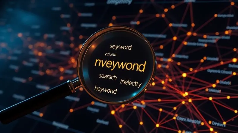 A photorealistic image of a digital magnifying glass hovering over a complex network of interconnected keywords, with glowing lines indicating search volume and competition, set against a dark, futuristic interface. 8K, cinematic lighting, sharp focus, depth of field.
