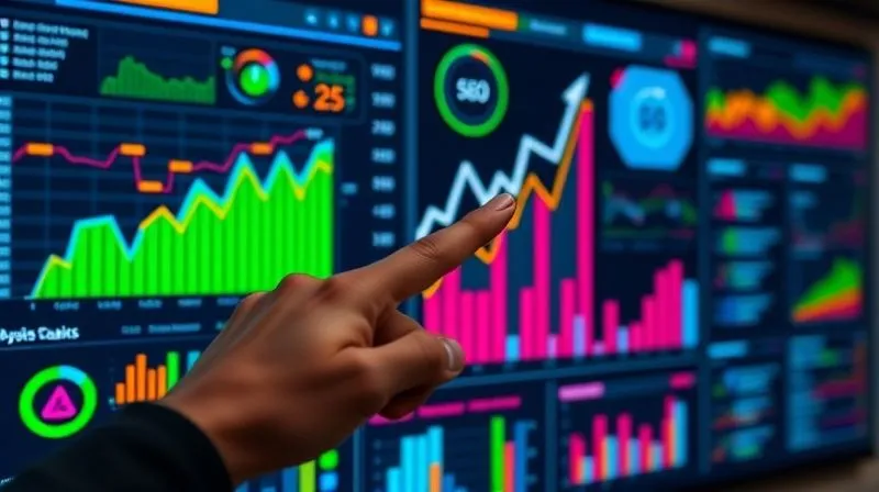 A photorealistic dashboard displaying complex SEO metrics with vibrant, color-coded graphs and real-time data streams. A hand points to an upward-trending line graph, symbolizing growth and optimization. 8K, cinematic lighting, sharp focus, depth of field.