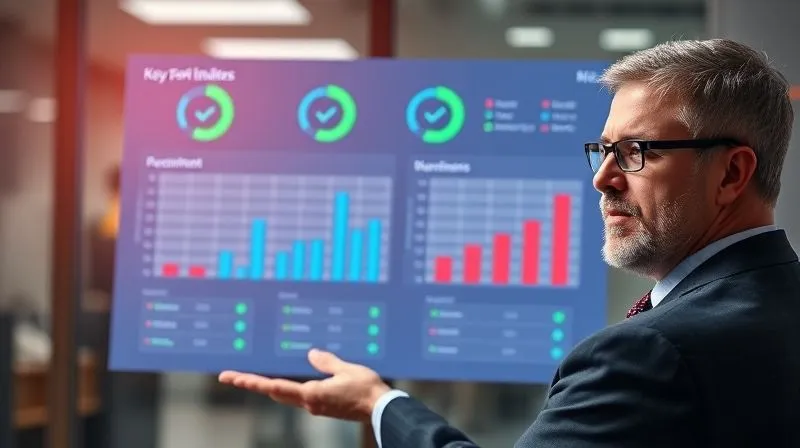 A photorealistic image of a consultant presenting a clear, easy-to-understand dashboard displaying key performance indicators (KPIs) with upward trends and green checkmarks, cinematic lighting, sharp focus on the dashboard, depth of field blurring the background, 8K hyper-detailed.