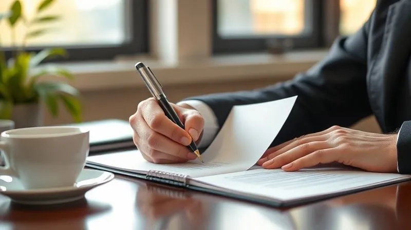 A photorealistic image of a consultant thoughtfully writing a personalized thank-you note or follow-up email, a cup of coffee on the desk, warm natural light, sharp focus on the hands and note, depth of field, 8K hyper-detailed.