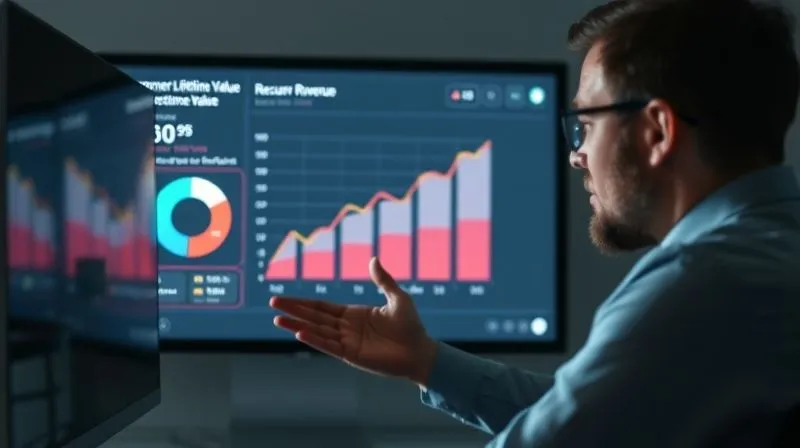 A photorealistic image of a consultant and client reviewing a digital dashboard displaying a clear upward trend line for 'Customer Lifetime Value' and 'Recurring Revenue', with celebratory expressions, cinematic lighting, sharp focus on the screen and faces, depth of field, 8K hyper-detailed.