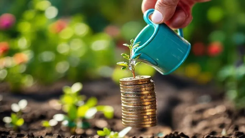 A photorealistic image of a hand holding a small watering can, gently watering a tiny sapling that is growing out of a stack of coins. The background shows a blurry, vibrant garden, symbolizing long-term growth and care. Cinematic lighting highlights the sapling and coins. professional photography, 8K, depth of field, shot on a high-end DSLR.