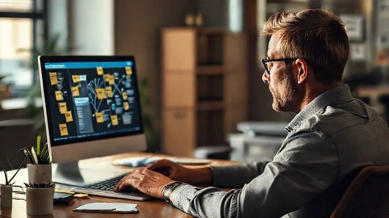 A photorealistic image of a person sitting at a desk, looking thoughtfully at a laptop screen displaying a complex network graph or a LinkedIn connections page, surrounded by sticky notes with names and ideas. Soft, warm office lighting, sharp focus on the person's face and screen, depth of field blurring the background, 8K hyper-detailed, professional photography, shot on a high-end DSLR.