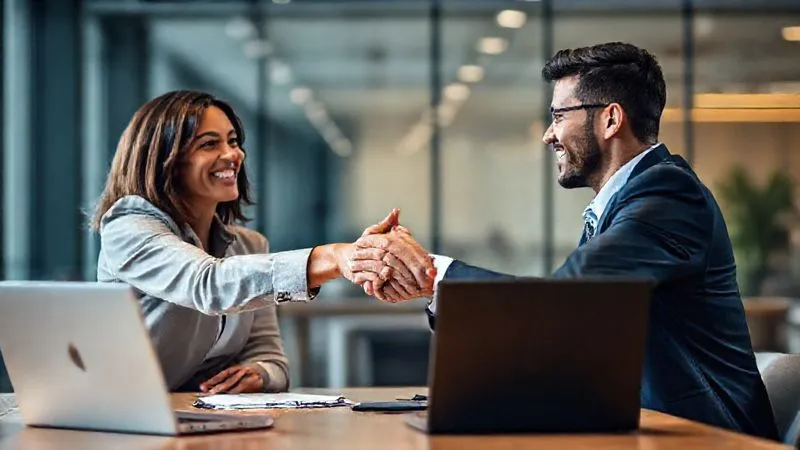 A photorealistic image of two diverse professionals, a man and a woman, shaking hands warmly across a table with laptops and notes, symbolizing a successful business collaboration. They are smiling, with a modern office background. Cinematic lighting, sharp focus on their hands and faces, depth of field blurring the background, 8K hyper-detailed, professional photography, shot on a high-end DSLR.