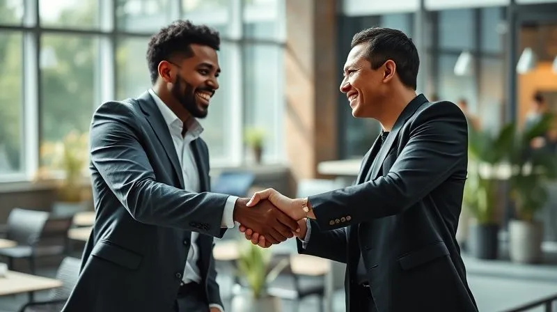A photorealistic image of two diverse professionals shaking hands warmly in a modern, sunlit co-working space, representing a genuine and mutually beneficial business partnership. Cinematic lighting, sharp focus on the handshake, depth of field blurring the background. 8K hyper-detailed.